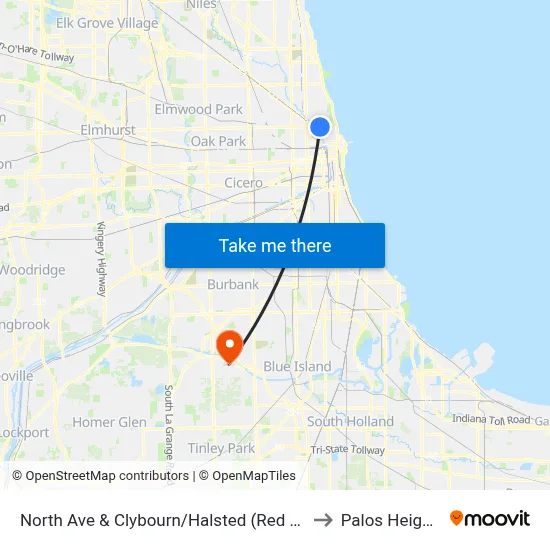 North Ave & Clybourn/Halsted (Red Line) (East) to Palos Heights, IL map