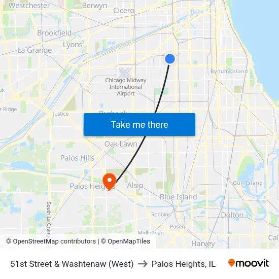 51st Street & Washtenaw (West) to Palos Heights, IL map