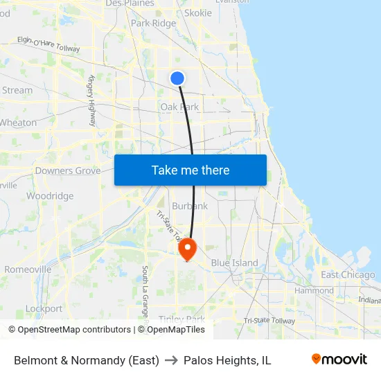 Belmont & Normandy (East) to Palos Heights, IL map