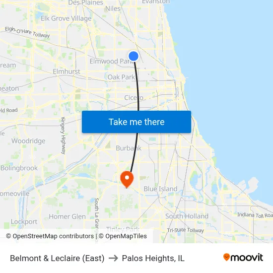 Belmont & Leclaire (East) to Palos Heights, IL map