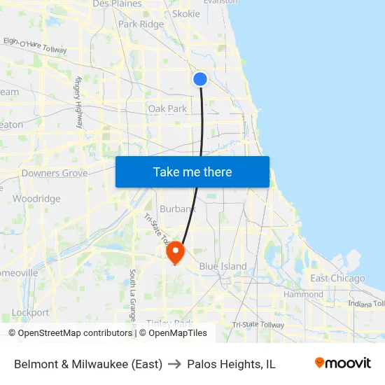 Belmont & Milwaukee (East) to Palos Heights, IL map