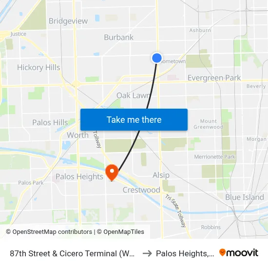 87th Street & Cicero Terminal (West) to Palos Heights, IL map