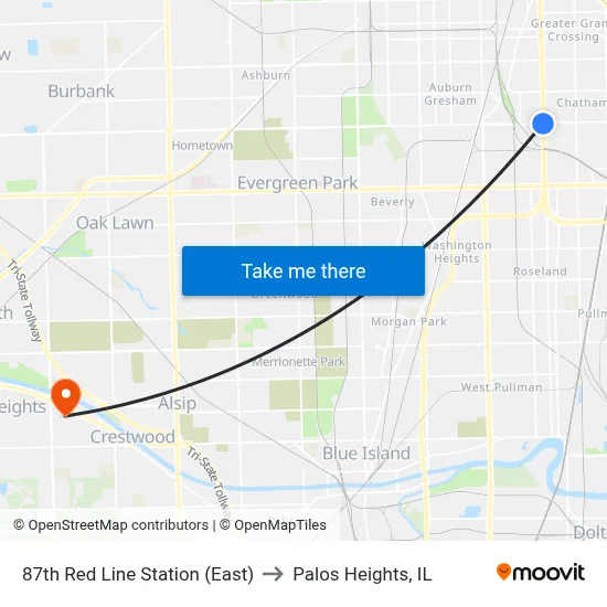 87th Red Line Station (East) to Palos Heights, IL map