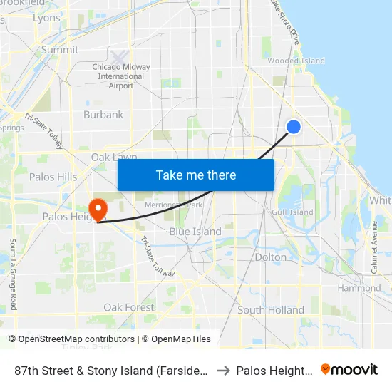 87th Street & Stony Island (Farside) (East) to Palos Heights, IL map