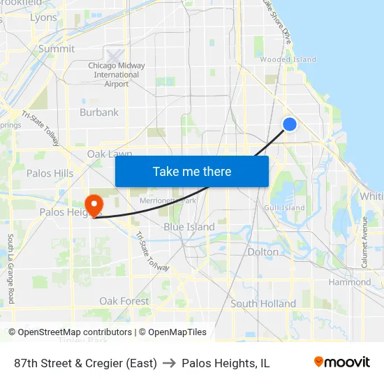 87th Street & Cregier (East) to Palos Heights, IL map