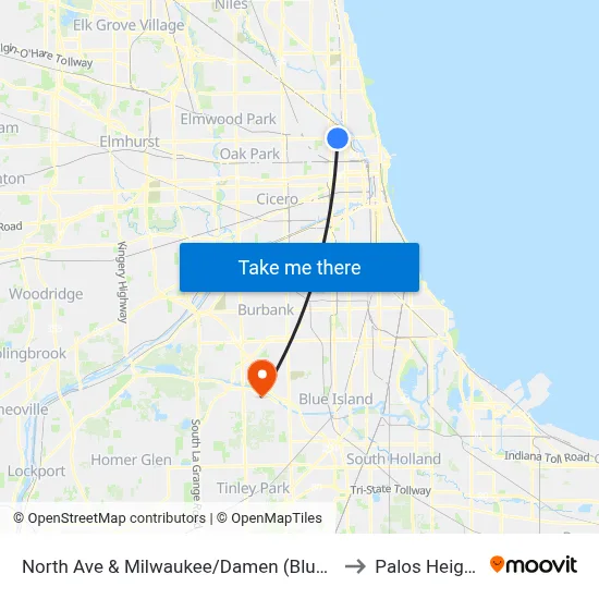 North Ave & Milwaukee/Damen (Blue Line) (West) to Palos Heights, IL map