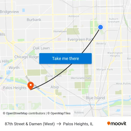 87th Street & Damen (West) to Palos Heights, IL map