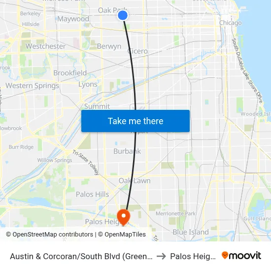 Austin & Corcoran/South Blvd (Green Line) (North) to Palos Heights, IL map