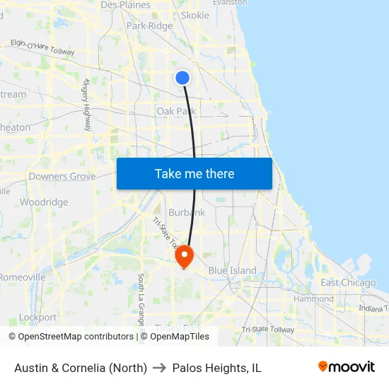 Austin & Cornelia (North) to Palos Heights, IL map