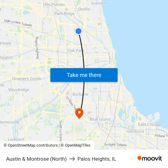 Austin & Montrose (North) to Palos Heights, IL map
