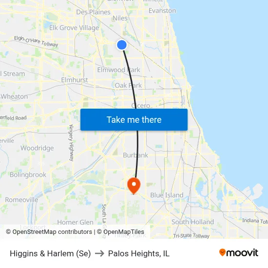 Higgins & Harlem (Se) to Palos Heights, IL map