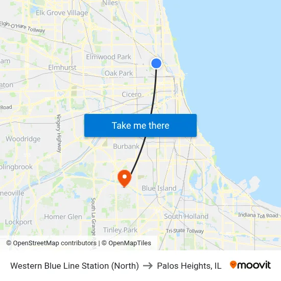 Western Blue Line Station (North) to Palos Heights, IL map