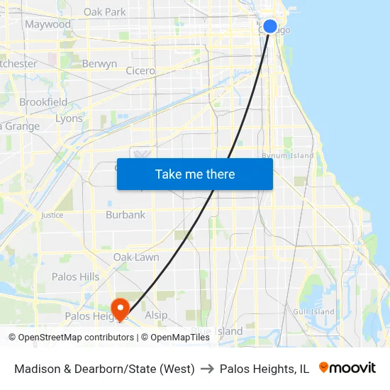 Madison & Dearborn/State (West) to Palos Heights, IL map