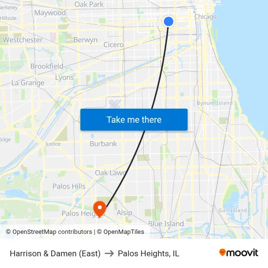 Harrison & Damen (East) to Palos Heights, IL map