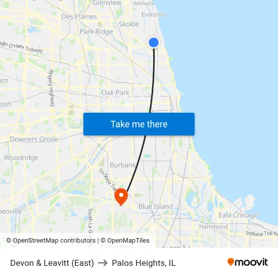 Devon & Leavitt (East) to Palos Heights, IL map