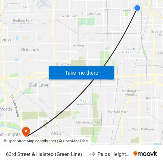 63rd Street & Halsted (Green Line) (East) to Palos Heights, IL map