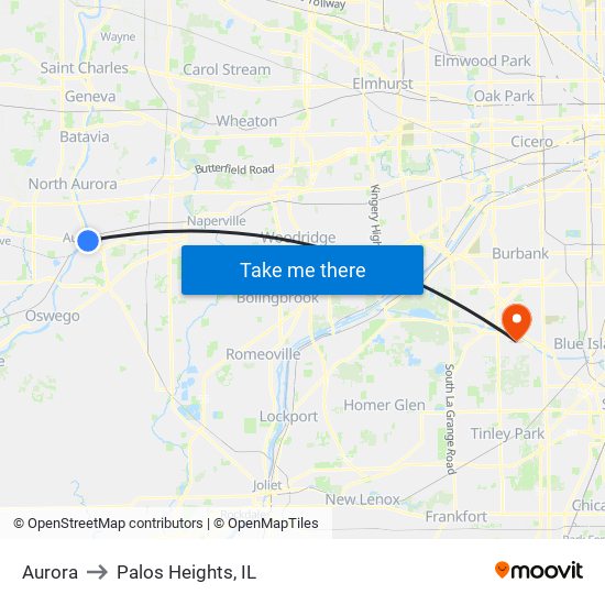 Aurora to Palos Heights, IL map