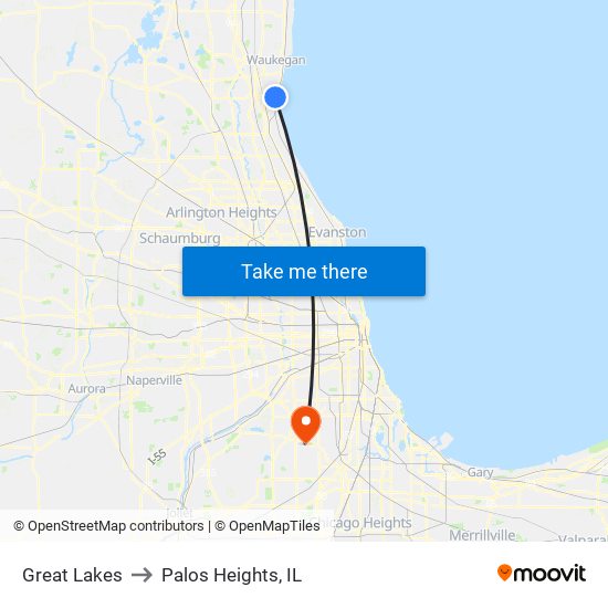 Great Lakes to Palos Heights, IL map