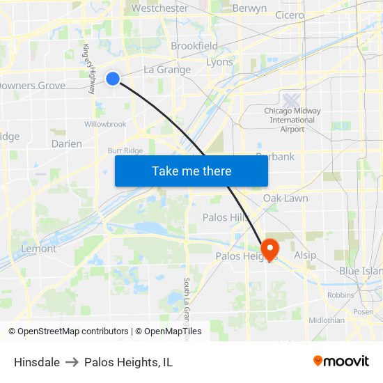 Hinsdale to Palos Heights, IL map