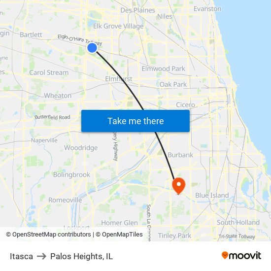 Itasca to Palos Heights, IL map