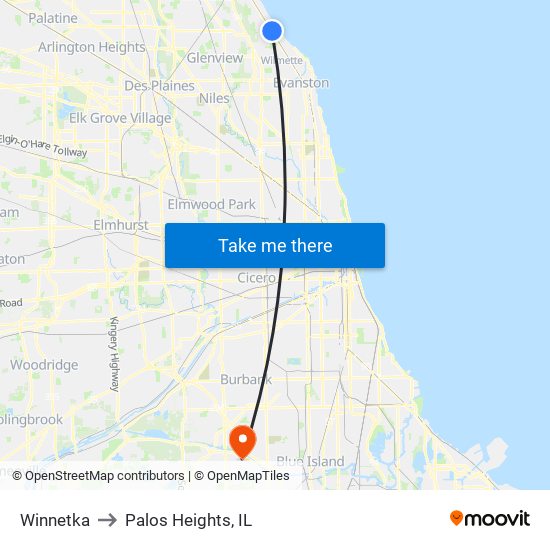 Winnetka to Palos Heights, IL map