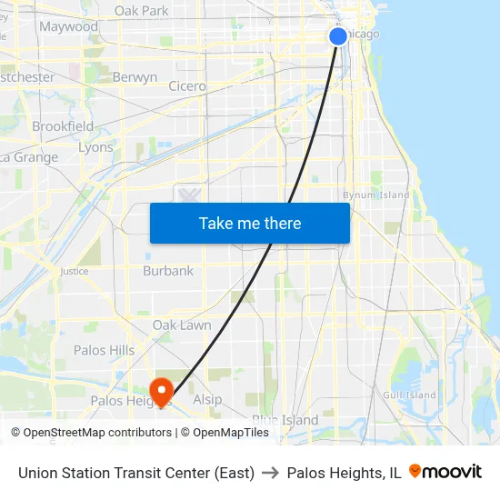 Union Station Transit Center (East) to Palos Heights, IL map