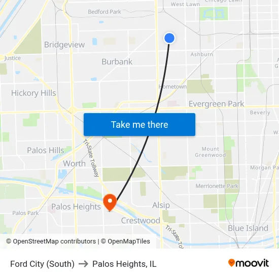 Ford City (South) to Palos Heights, IL map