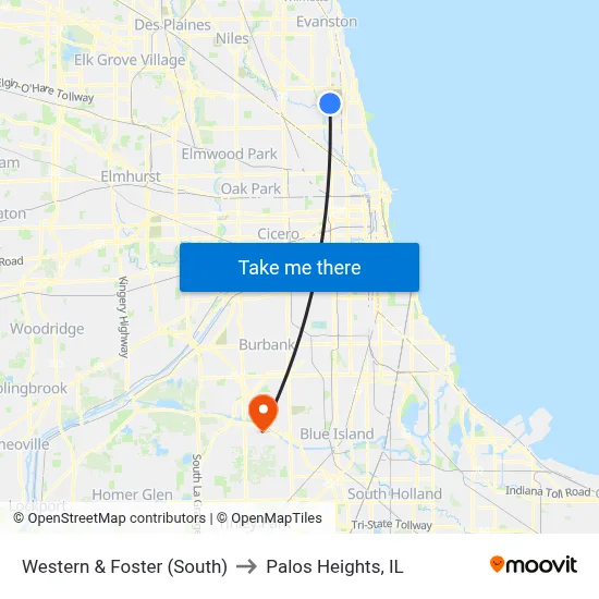 Western & Foster (South) to Palos Heights, IL map