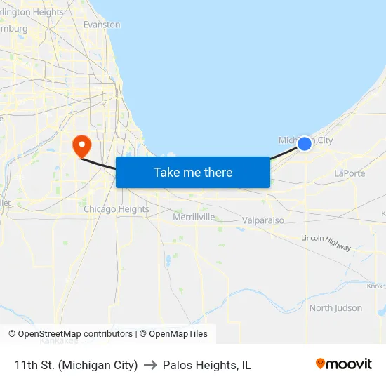 11th St. (Michigan City) to Palos Heights, IL map
