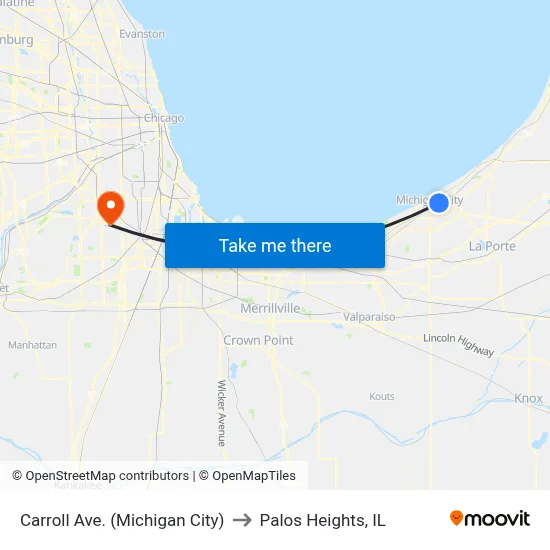 Carroll Ave. (Michigan City) to Palos Heights, IL map