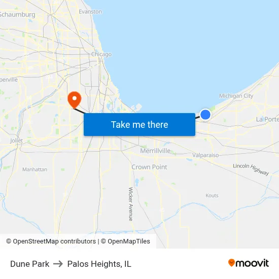Dune Park to Palos Heights, IL map