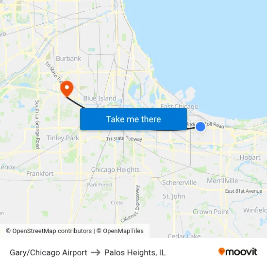 Gary/Chicago Airport to Palos Heights, IL map