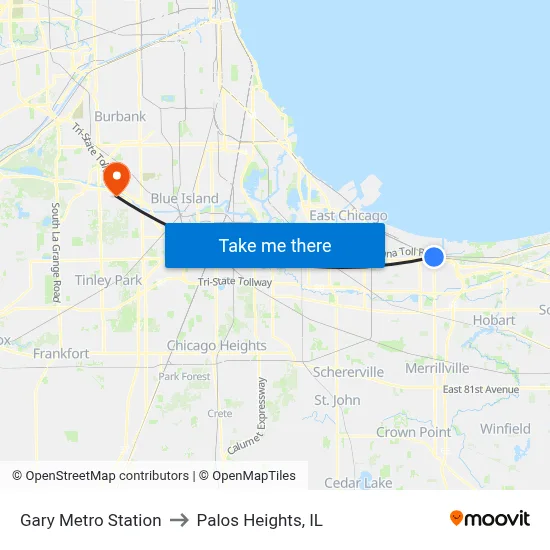 Gary Metro Station to Palos Heights, IL map