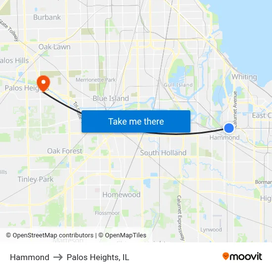 Hammond to Palos Heights, IL map