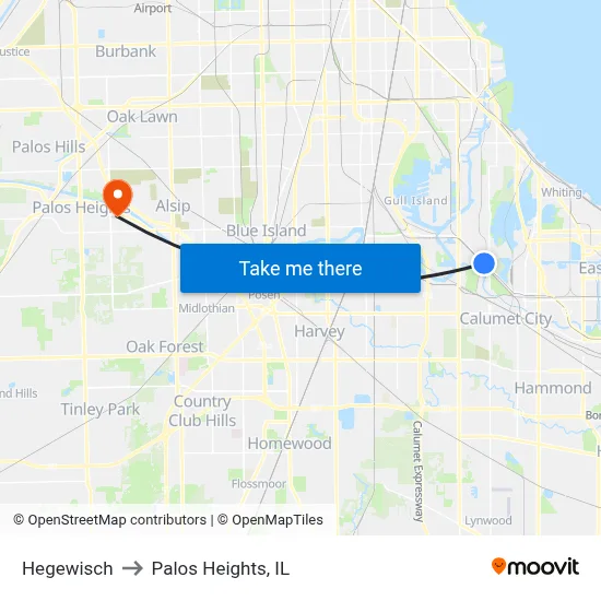 Hegewisch to Palos Heights, IL map
