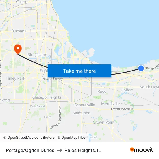 Portage/Ogden Dunes to Palos Heights, IL map
