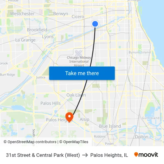 31st Street & Central Park (West) to Palos Heights, IL map