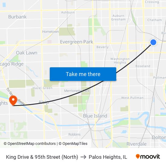 King Drive & 95th Street (North) to Palos Heights, IL map