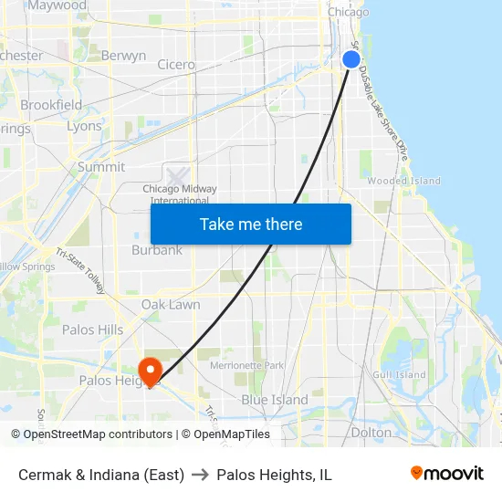 Cermak & Indiana (East) to Palos Heights, IL map
