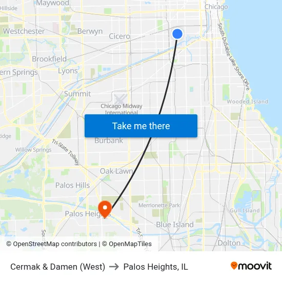 Cermak & Damen (West) to Palos Heights, IL map
