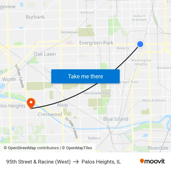 95th Street & Racine (West) to Palos Heights, IL map