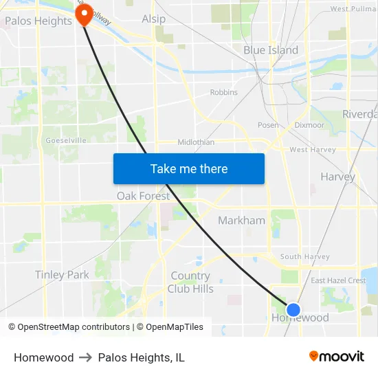 Homewood to Palos Heights, IL map