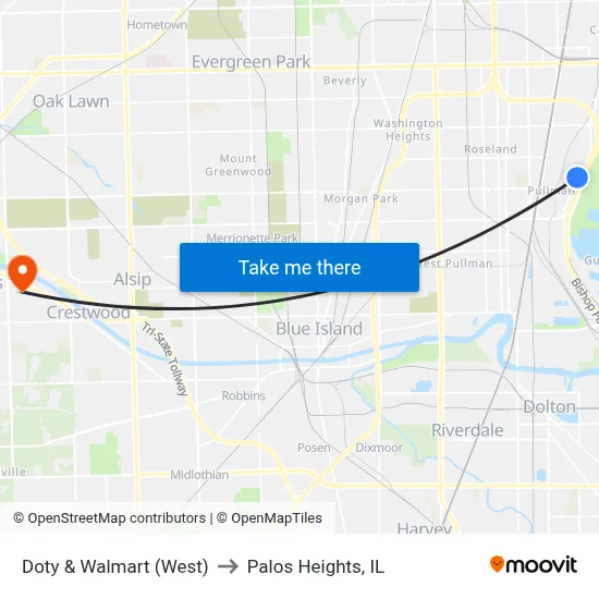 Doty & Walmart (West) to Palos Heights, IL map