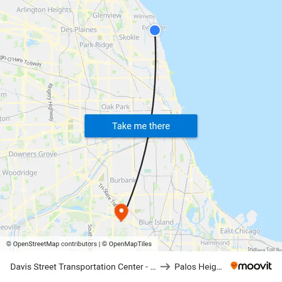 Davis Street Transportation Center - Bus Stop B to Palos Heights, IL map