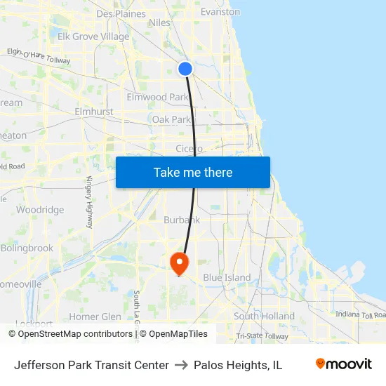 Jefferson Park Transit Center to Palos Heights, IL map