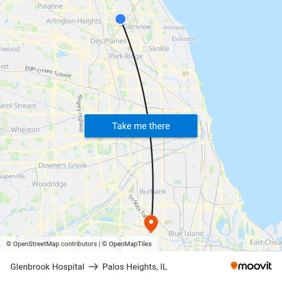 Glenbrook Hospital to Palos Heights, IL map