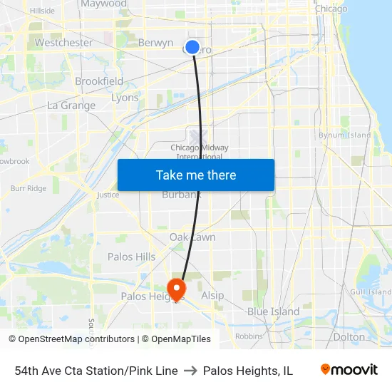 54th Ave Cta Station/Pink Line to Palos Heights, IL map