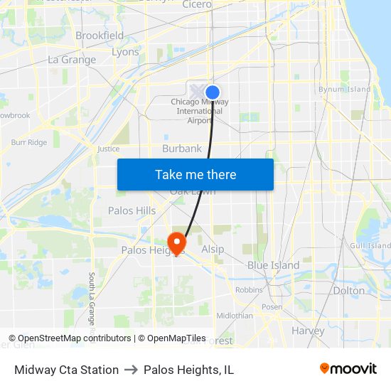 Midway Cta Station to Palos Heights, IL map