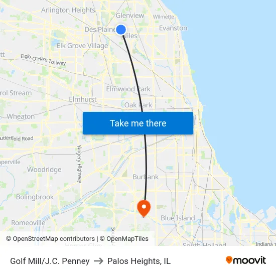 Golf Mill/J.C. Penney to Palos Heights, IL map