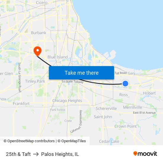 25th Ave & Taft St to Palos Heights, IL map